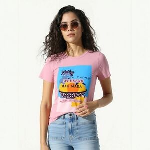 Weekend Max Mara Tee - Saint-Tropez Graphic Pink Cotton Coastal Top - Size S